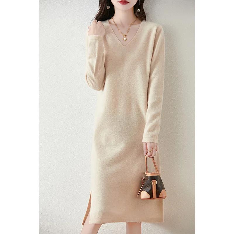 Hot Sale 100% Wool Sweater Dress for Women Winter/ Autumn V-Neck Female Solid Dresses Long Style Knit Pullover Girl Clothes