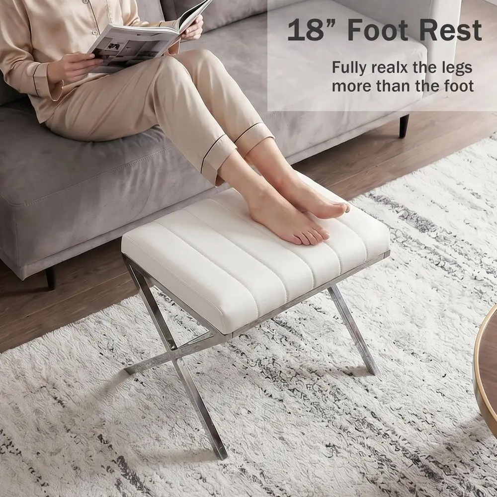 Vanity Stool,Modern PU Leather Ottoman Stool Chair for Vanity Bench with Metal X Legs, Rectangle Makeup Stools Padded Foot Rest view 4