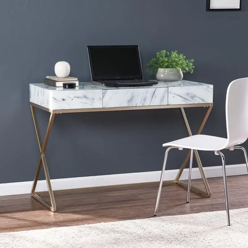 Faux Marble Writing Desk with Storage Solutions for Home Office Use