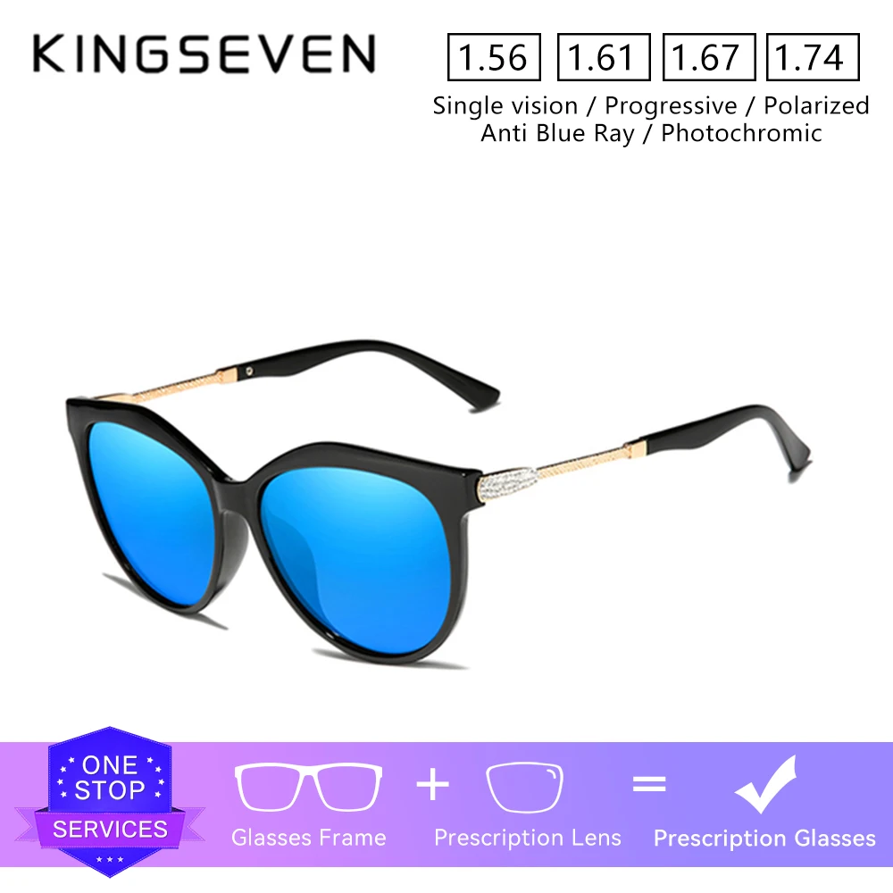 KINGSEVEN Luxury Ladies Prescription Sunglasses Myopia Hyperopia Progressive Ladies Eyewear Cat Eye Round Optical Lens Glasses