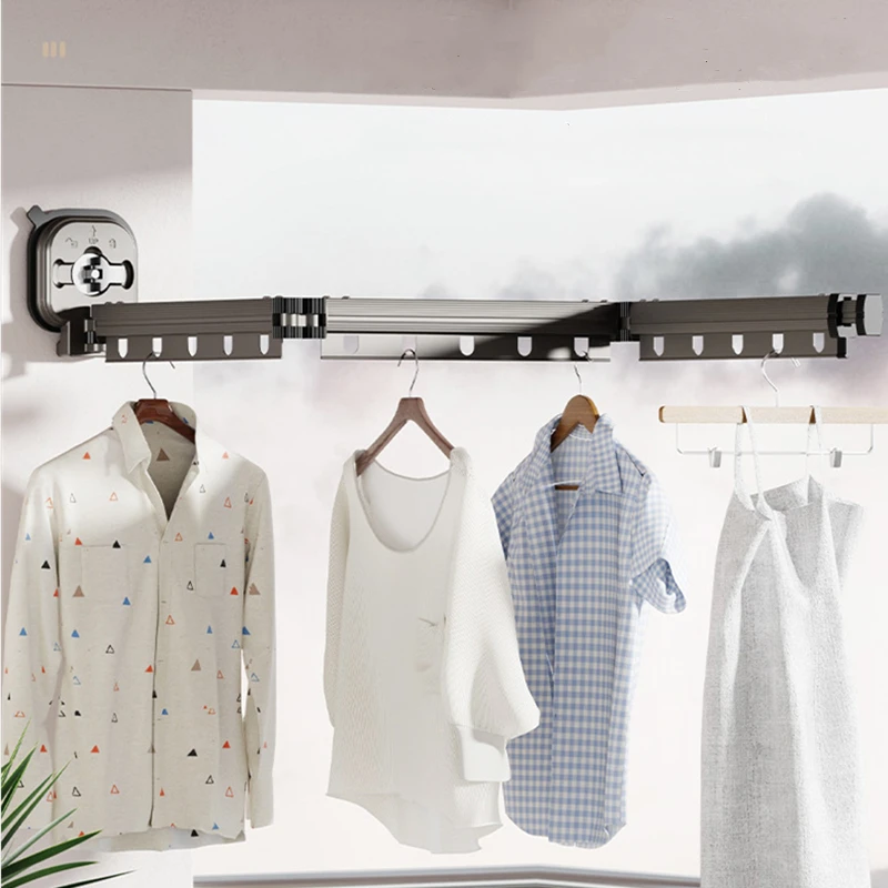 Retractable Drying Rack Suction Cup No Punching Aluminum Alloy Wall Mounted Portable Folding Laundry Hangers for Travel Home