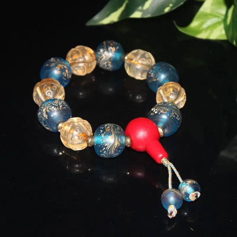 

Vintage Glass Duobao Ball Bracelet Blue Glaze Tail Round Beads Bracelet