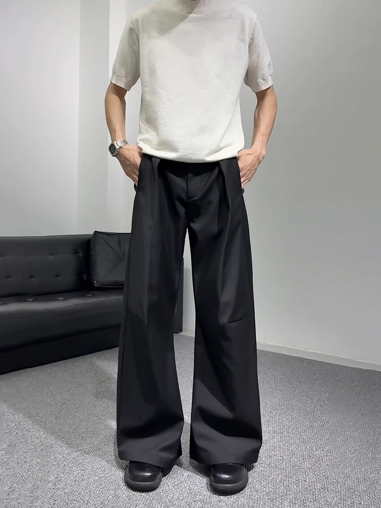 

Black Ice Silk Knife West Pants Men Summer Thin High Waist Slimming Straight Loose Shape Micro Flared Suit Pants Casual Trousers