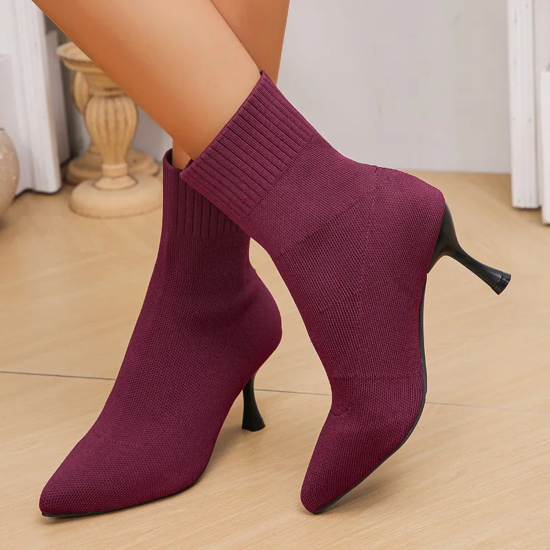 

Stretch Boots Autumn New Pointed Toe Mesh Breathable Soft-sole Non-slip Stiletto Heel Mid-leg Boots