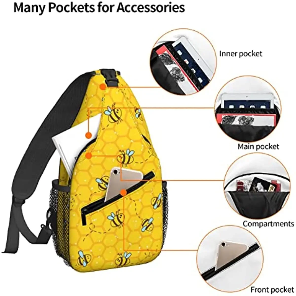 Mochila Crossbody Sling para homens e mulheres, abelha fofa dos desenhos animados, favo de mel, bolsa de peito, bolsa de ombro, ginásio, ciclismo, viagem, mochila de caminhada