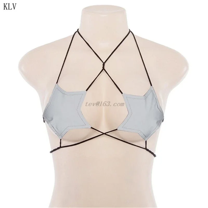 Womens Sexy Glitter Reflective Five-Pointed Star Bra Strappy Bandage Halter Top Bralette Nightout Clubwear Metallic Bustier Part