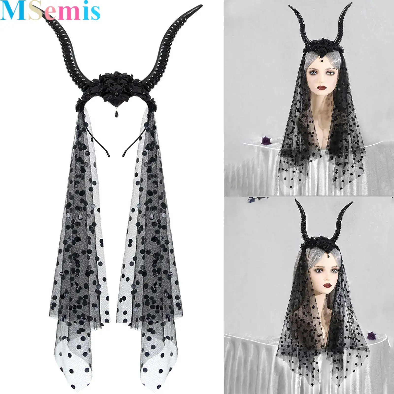 

Halloween Gothic Queen Mesh Headband Demon Horns Headgear Devil Horns Dark Veil Headdress Goat for Women Carnival Fancy Dress Up