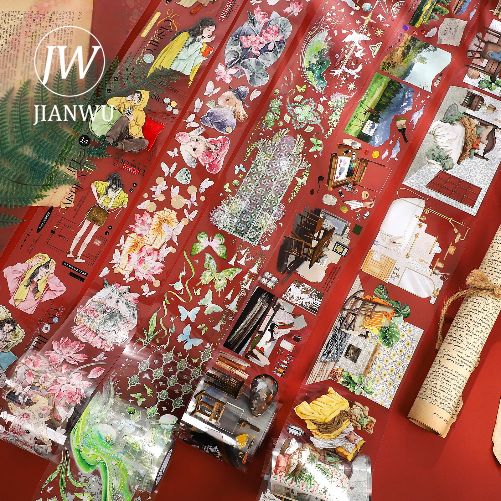 

JIANWU 600cm/1000cm Vintage Character Flower Travel Bedroom Landscape Material Collage PET Tape Creative DIY Journal Stationery