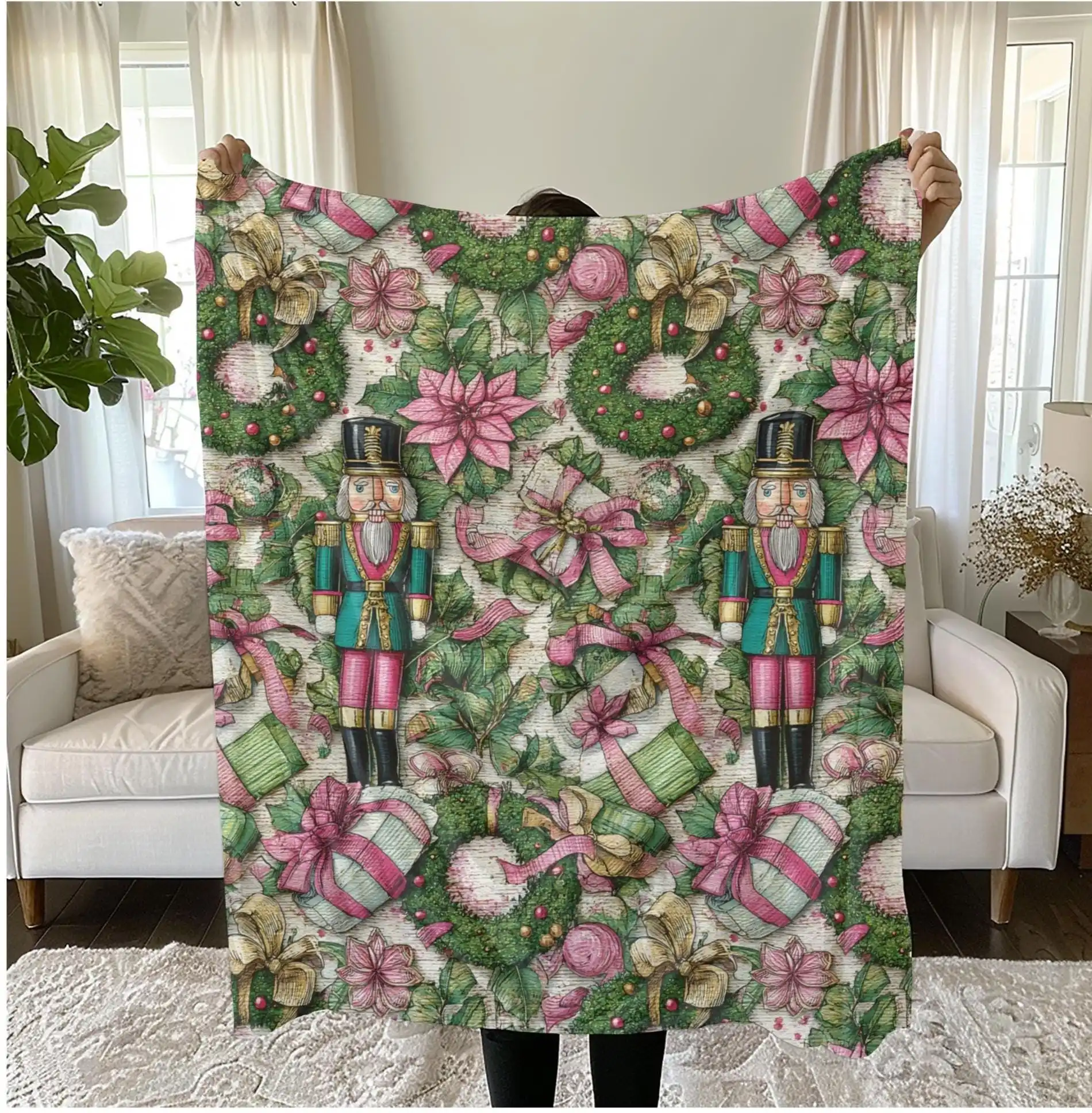 Vintage Christmas Nutcracker Blanket, Holiday Winter Home Decor Throw Fabric Poster Wall Art, Festive Celebration