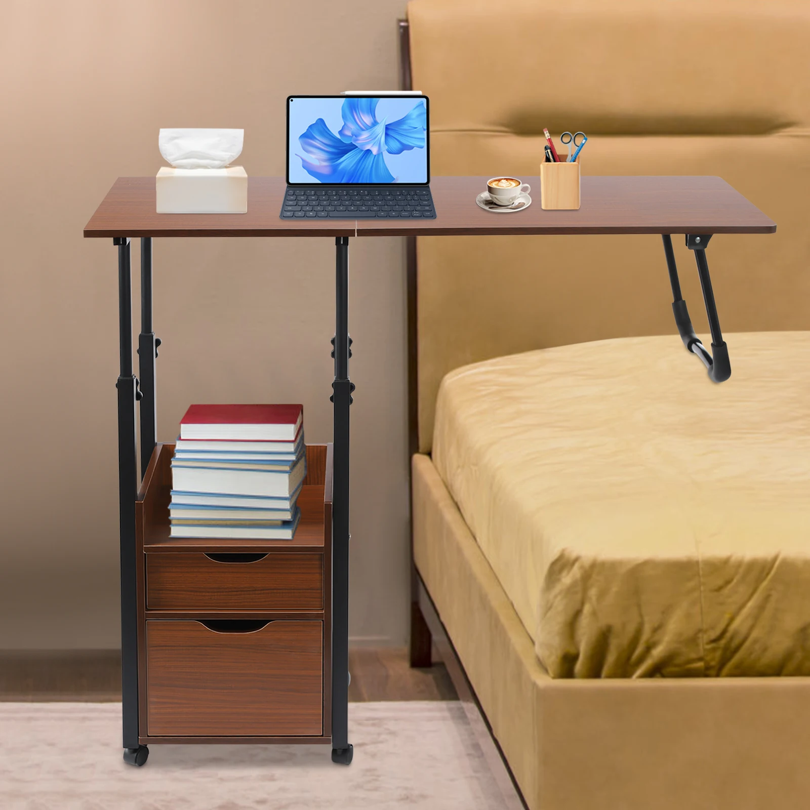 Mesa sobre cama con ruedas, mesita de noche móvil y ajustable para ordenador portátil, bandeja rodante para cama de hospital con gabinete de almacenamiento, se adapta al sofá