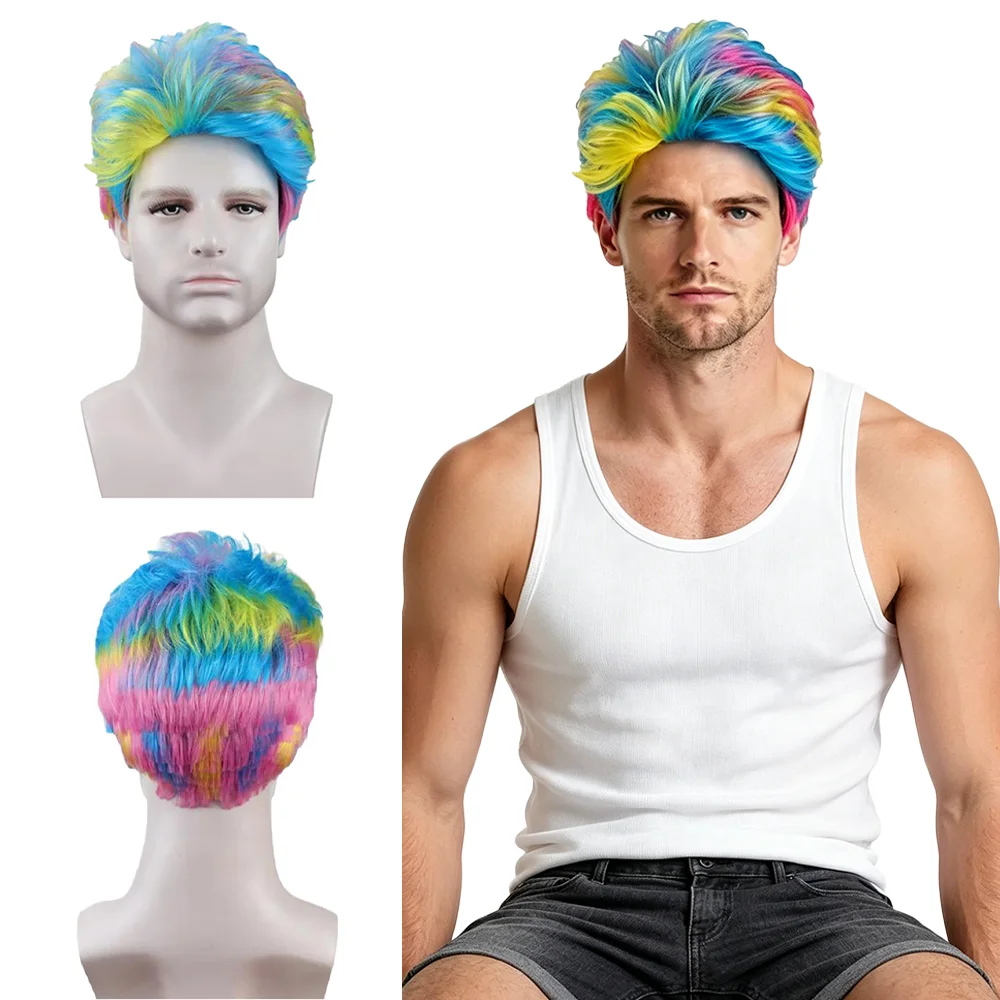Men's Rainbow Short Fluffy Wig Anime Cosplay Comic Con Role Play Halloween Funny Party Costume Full Wig