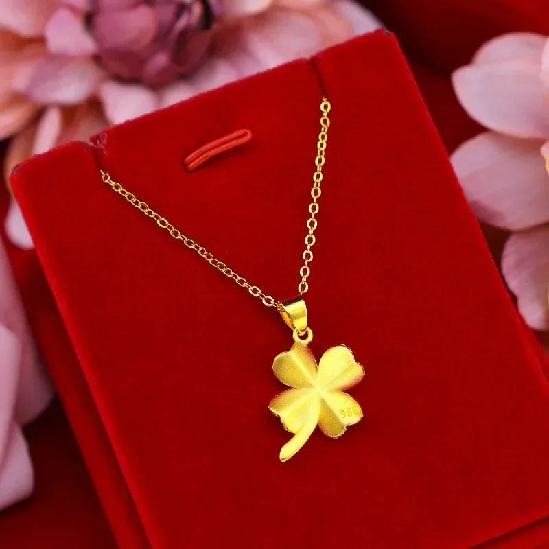 9999 Real Gold 24K Women's Four Leaf Clover Necklace Ancient Four Leaf Lucky Clover Pendant