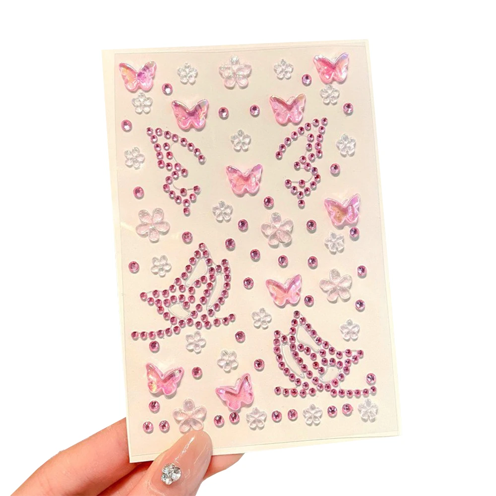 2 Stück Bling rosa weiße Schmetterling Blume Edelstein Tattoos Aufkleber selbstklebende Diamant temporäre Tattoo für Auge Gesicht Körper Juwelen Dekor – Detail 10