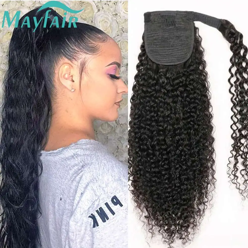 Kinky Straight Ponytail Human Hair Extension100g/ Wrap Around Clip In Ponytail Natural Black Remy Indian Yaki Hair 8-32inch