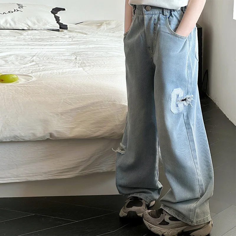 

Girls Ripped Wide-leg Pants 2024 Summer New Medium Children Children Embroidery Straight Tube Korean Denim Light-colored Pants