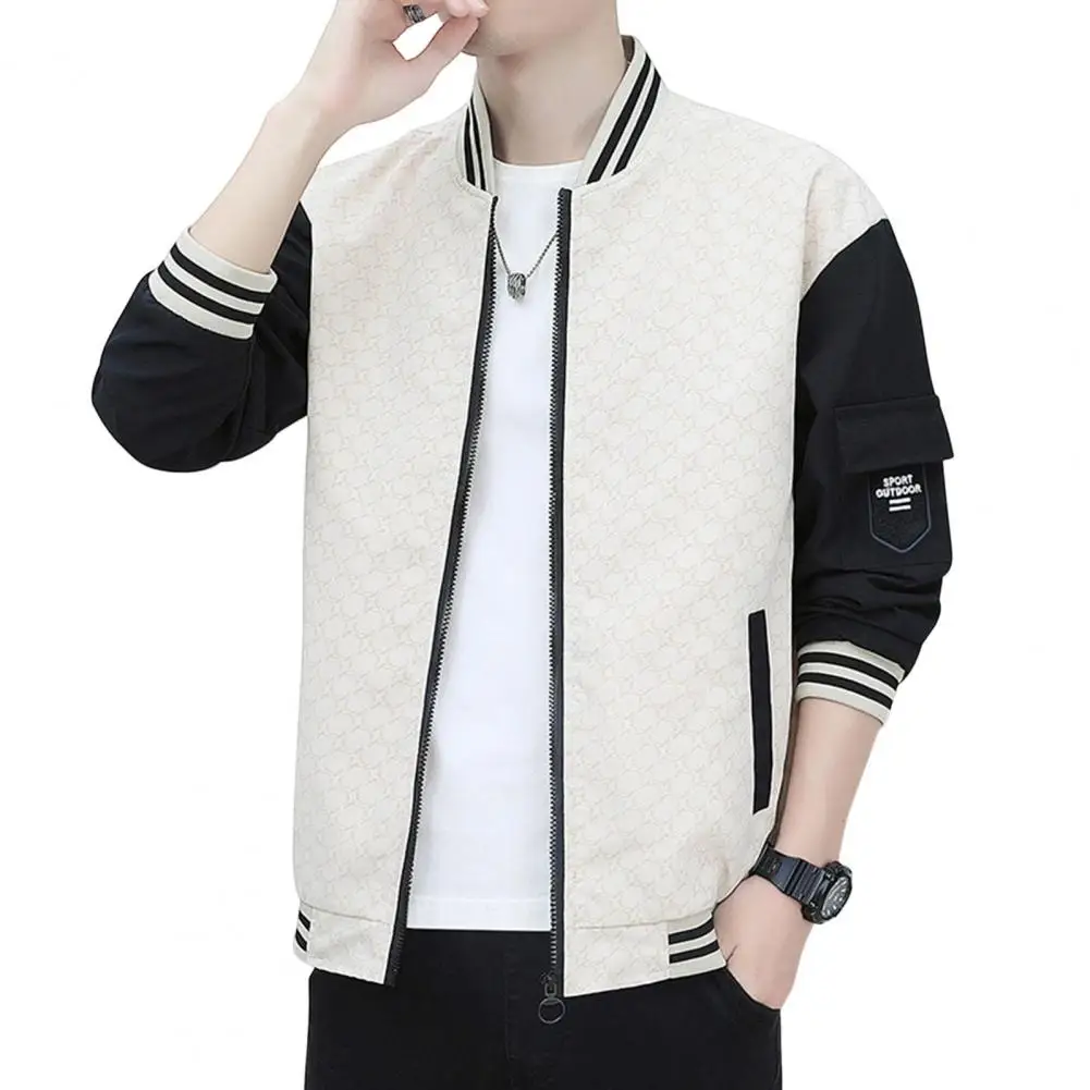 Men Hooded Jacket Mid-aged Men's Zip-up Baseball Jacket with Stand Collar Contrast Color Design Plus Size Fit for Spring