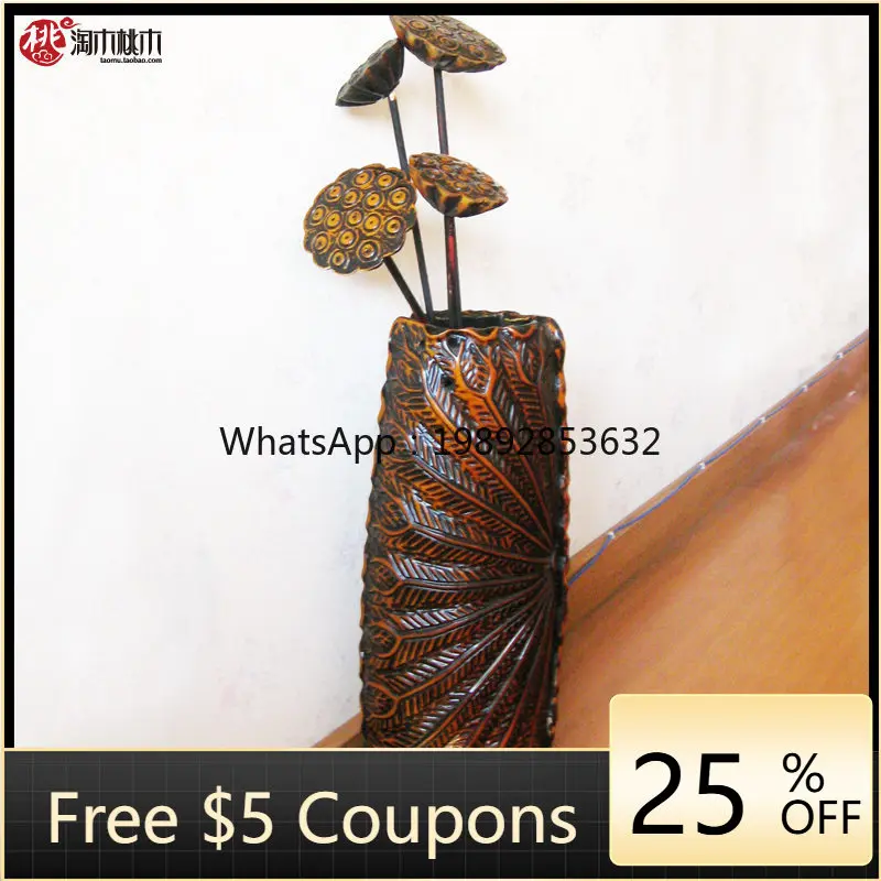 Floor-to-ceiling retro vase wooden irregular wide-mouth lotus leaf decorative flower device
