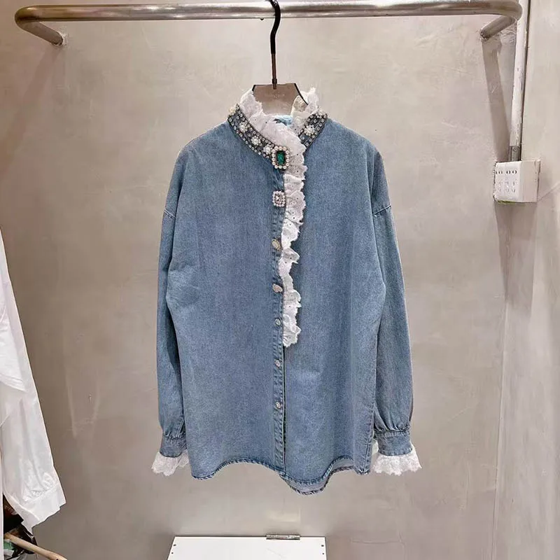 

Korean Style Heavy Industry Beads Diamond-Embedded Denim Shirt Women 2022 Spring New Loose Blusas Top Lace Stitching Jean Blouse