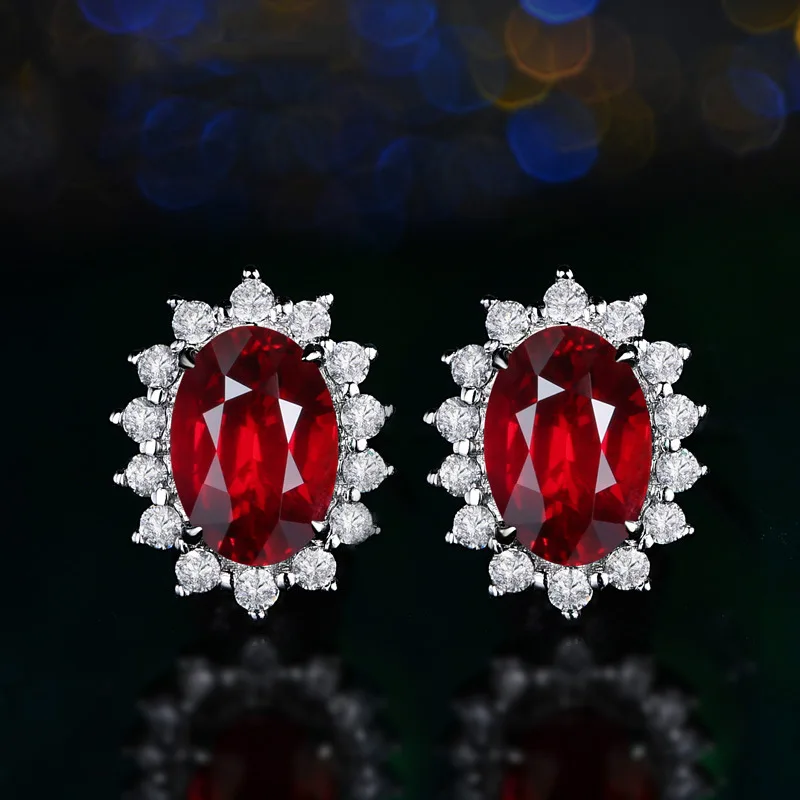 Oval Total 1.5ct Created Red Ruby Princess Diana Stud Earrings 925 Sterling Silver Statement Gemstone Women Party Jewelry Gift