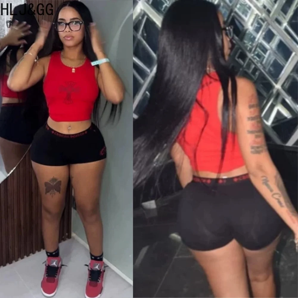 

HLJ Red Sexy Hot Girl Print Two Piece Sets Women Round Neck Sleeveless Slim Crop Top And Shorts Outfits Fashion 2pcs Streetwear