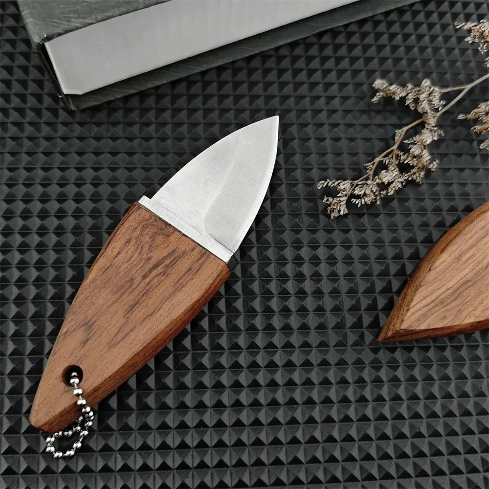 Lightweight Mini Fixed Blade EDC Knife Wooden Handle and Wood Sheath Keychain Knife for Outdoor Camping & Household Use