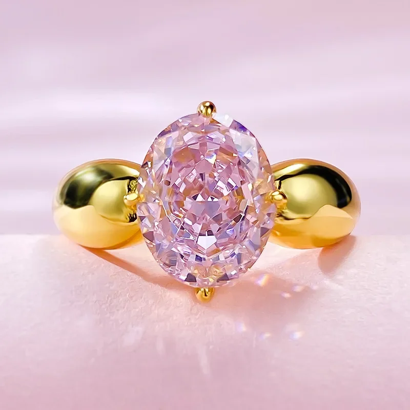 New Imported High Carbon Diamond 8 * 10mm Ice Cut Pink  925 Silver European and American Style Ring 