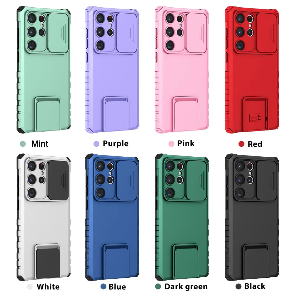 KEYSION Shockproof Case for Samsung S23 Ultra 5G S22+ S21 FE Slide Camera Lens Protection Stand Phone Cover for Galaxy Note 20