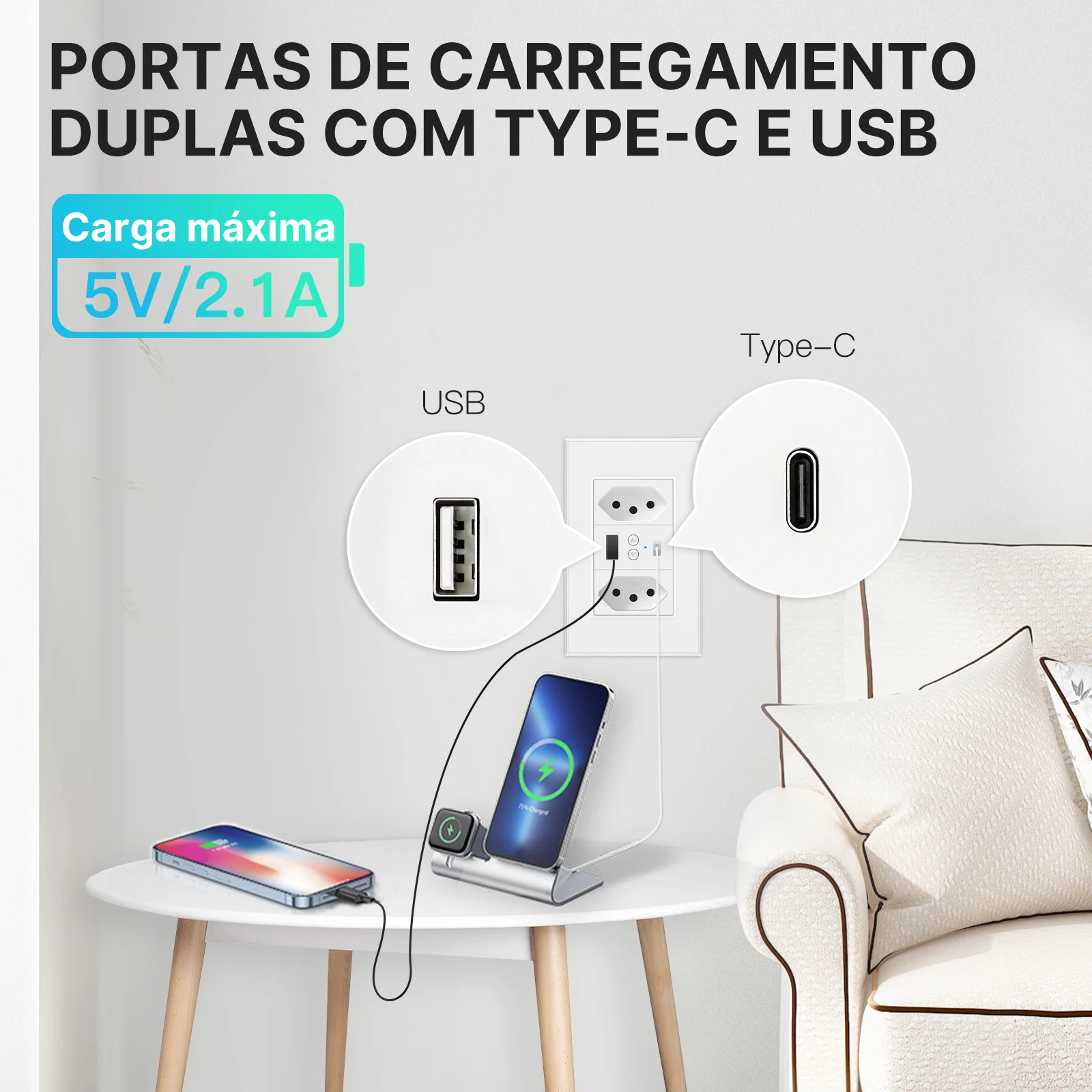 Smart WiFi Wall Outlet Brazilian Standard Electrical Plug Type-C USB Charger 10A and Independent Separate Control Remote Control