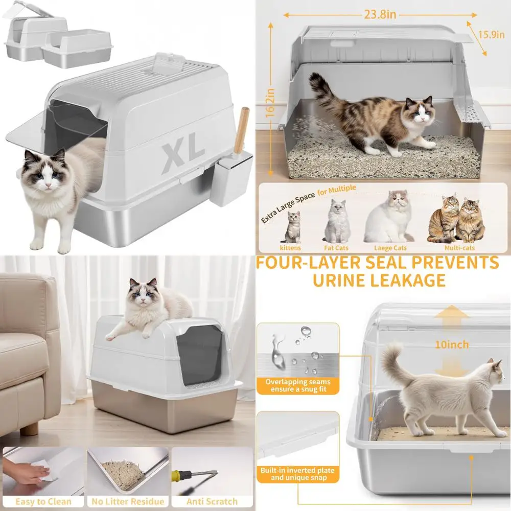 

Extra Large Stainless Steel Litter Box with High-Sided Enclosure and Scoop for Cats