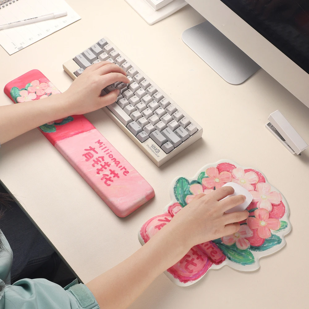 Cute Plants Wrist Rest Health Pad Laptop Mouse Pad Pink Flower Shaped Cartoon Non-Slip Keyboard Hand Pillow Computer Accessories