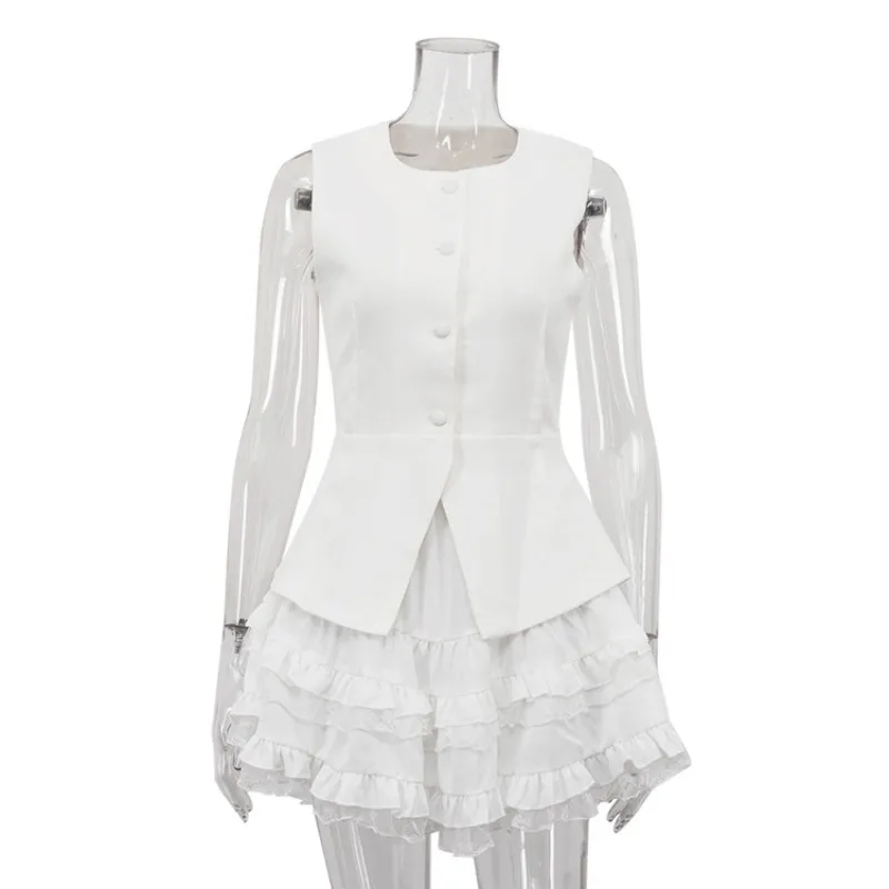 Ensemble jupe en dentelle 2 pièces, gilet sans manches, haut, taille haute, jupe bouffante, élégant, décontracté, robe de soirée pour femmes