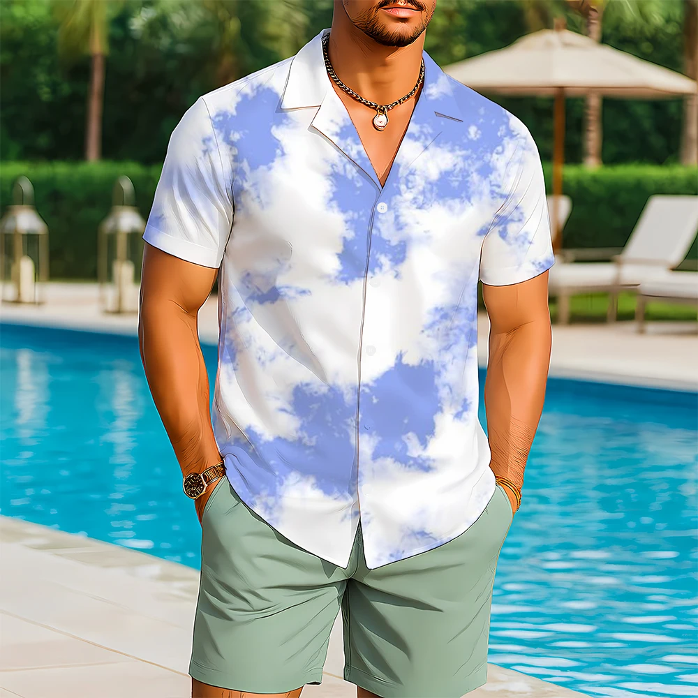 Fashionable Tie-dye Hawaiian Shirt With Retro HD Print Casual Breathable Comfortable Men's Clothing Travel Beach Gift Soft Tops