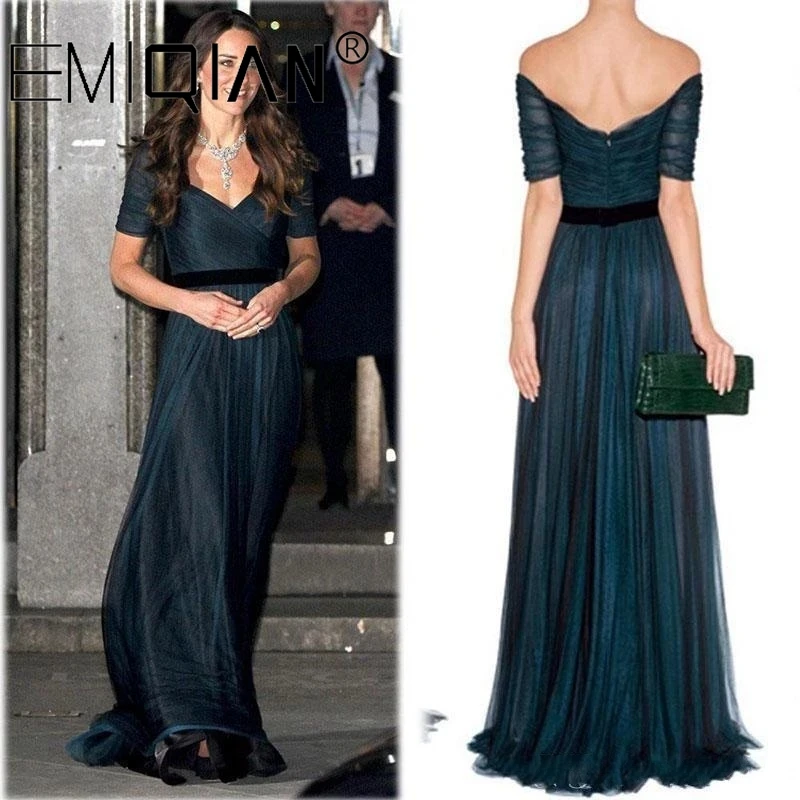 Kate Middleton A Line Celebrity Dresses Prom Dresses Ink Blue Sweetheart Off Shoulder Ruched Tulle Evening Dress with Belt