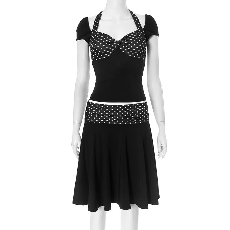 

Halter Neck Short Sleeve 2 Piece-Set MIni Skirt For Women Lace-Up Contrast Backless Cropped Top And High Waist Skirt Sets Female