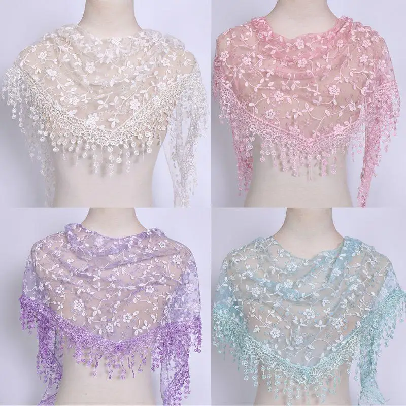 Tassel Shawls Female Scarf Solid Color Embroidered Lace Veil Floral Head Covering Veils Women Triangle Scarf 150*40cm