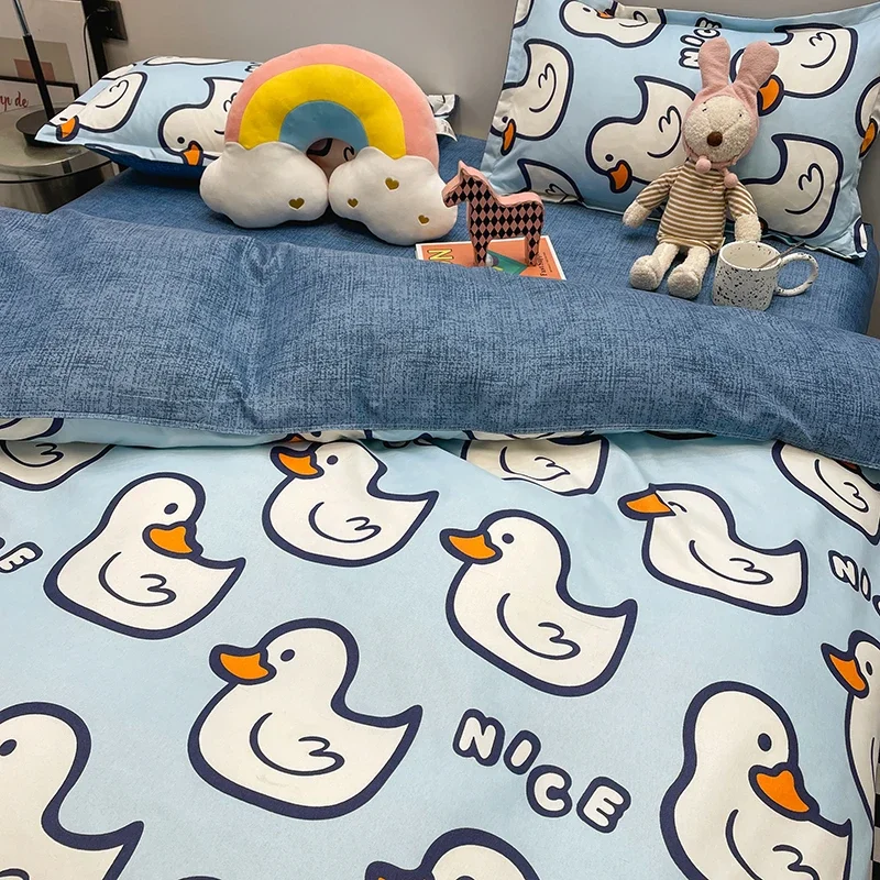 Cute Cartoon Duck Duvet Cover 4pcs Set Boys and Girls Reversible Comfort Soft Comforter Cover Queen King Bedding with Bed Sheet