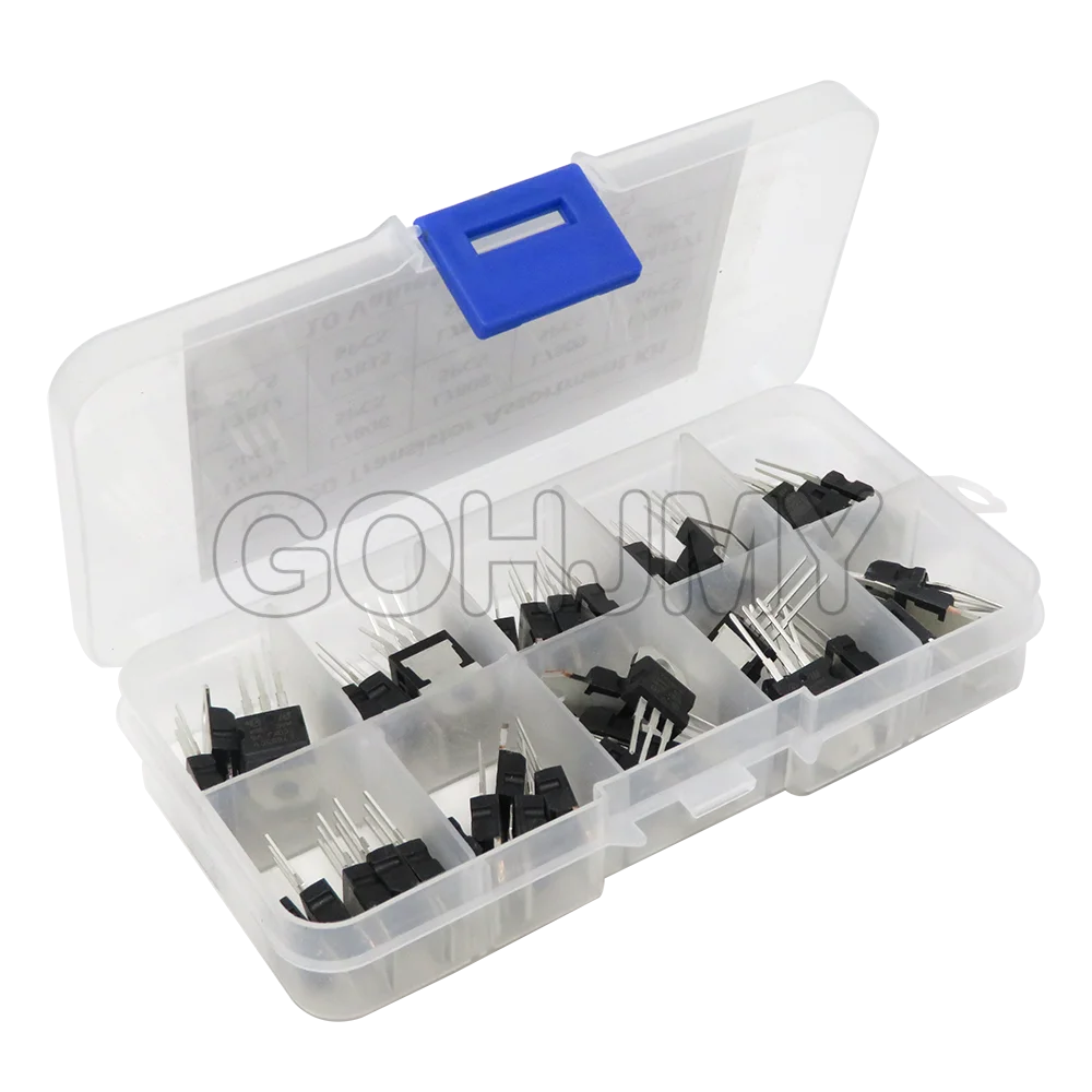 50PCS=10value*5PCS Transistor Assortment Kit L7805 L7806 L7808 L7809 L7810 L7812 L7815 L7818 L7824 LM317T  Voltage Regulator Box