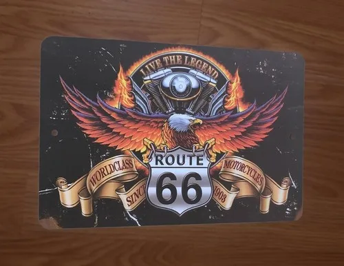 Placa de Metal Decorativa para Parede - Live the Legend Route 66 Eagle Biker - Pôster para Garagem