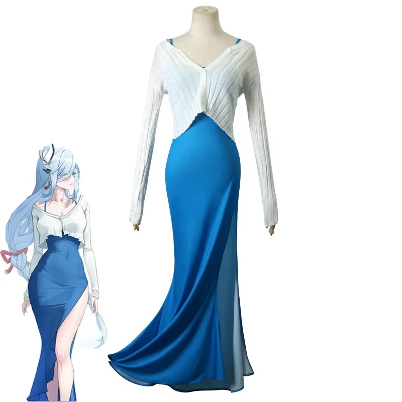 

Game Genshin Impact Shehe Cosplay Costume She He Blue Strap Dress Knitted Cardigan Outfit Costumes Cosplay Party Full Set