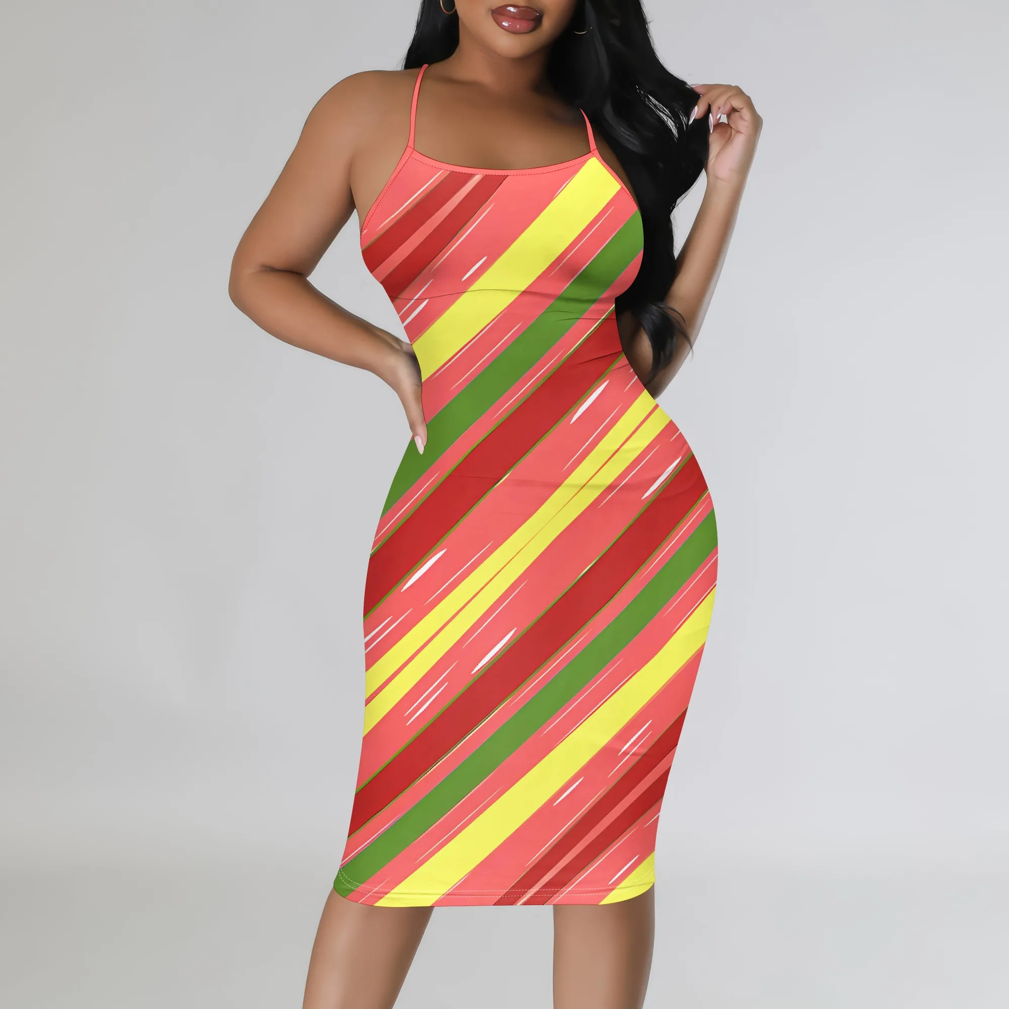 

Nupusa Color Block Stripe Print Dress for Women Standard Size Summer Casual Spaghetti Strap Midi Dress