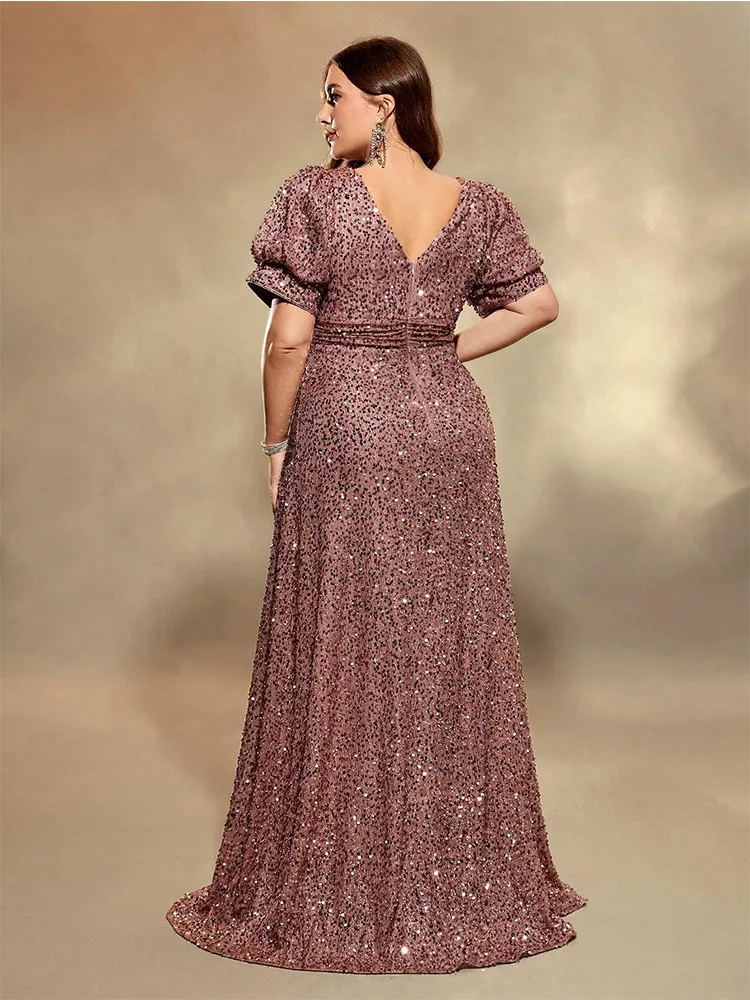 Robe de soirée brillante multicolore, grande taille, col en V, manches courtes, paillettes, rose, longueur au sol, robe de banquet, 4XL, 5XL