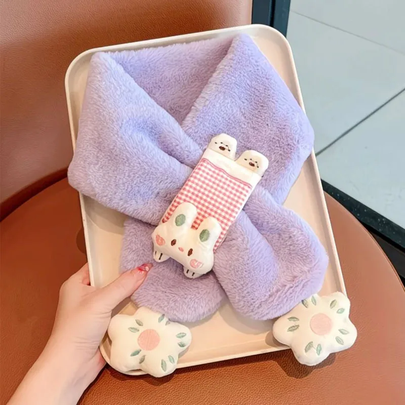 

New Baby Faux Rabbit Fur Scarf Cartoon Plush Neck Warmer Thickened Fleece Lined Student Warm Plush Shawl Girl's Gift Miniso