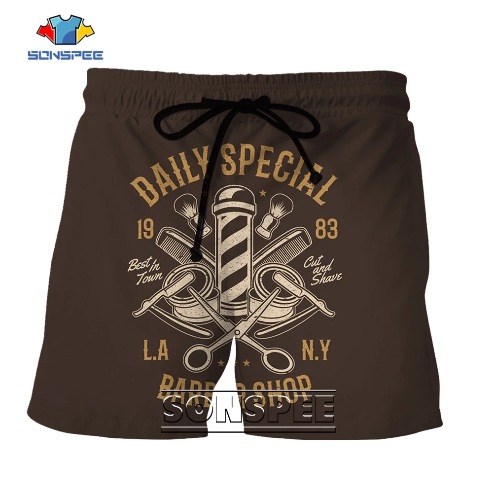 SONSPEE Summer Brown Daily Special Barber Shop Shorts Men Women Scissors Comb Sportwear 3D Print Plus Size Fashion Short Pants