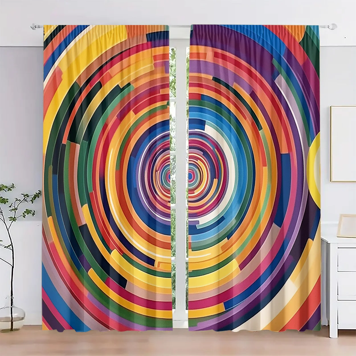 Rainbow Concentric Circle Curtain 2 Panels Color Block Swirl Abstract Background Master Bedroom Trendy Modern Home Decor