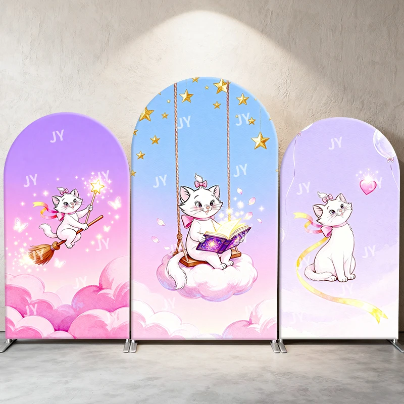 

Marie Cat Arch Backdrop Cover Magic Broom Cloud Book Scene Cartoon Theme Kids Birthday Baby Shower Photo Booth Decor Background