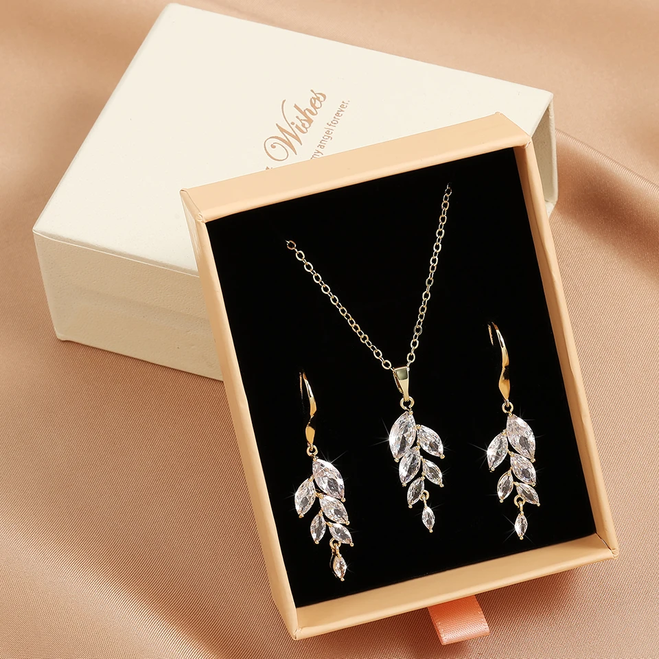 ZAKOL Poland Style Cubic Zirconia Leaf Hook Earrings Necklace Set for Women Elegant Bridal Wedding Party Jewelry Dress