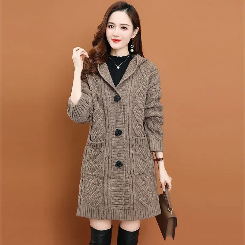 

Hooded Sweater Coat Women's Outwear Autumn Winter New Mid-Length Twist Loose Thick Needle Sweater Knitte Sweater Cardigan Jacket