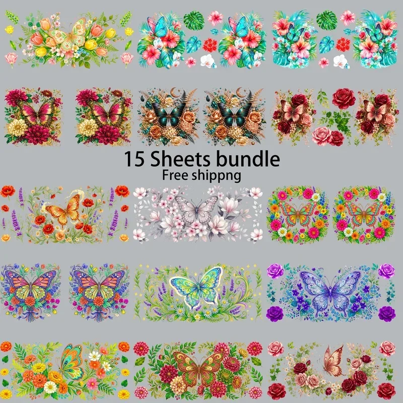 15pcs Freeship Butterflies and Bees 16oz UV DTF Sticker Waterproof DIY Decals 3D transfer uvdtf tumbler sticker uv dtf cup wrap