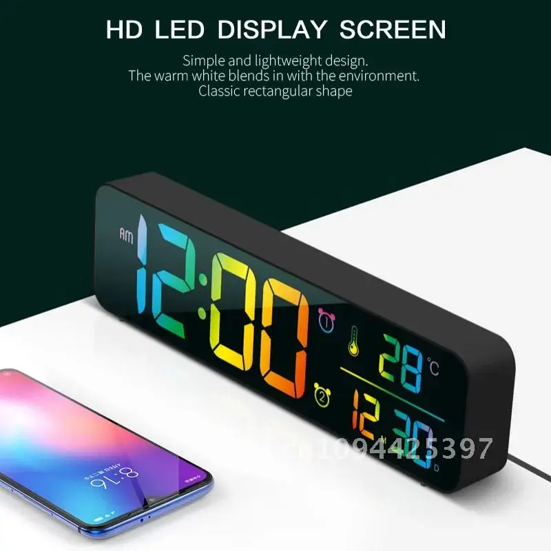 Large Music Digital Wall Clock Temperature Date 5 Level Brightness 12/24H 2 Alarms USB Powered Mirror LED Alarm Clock