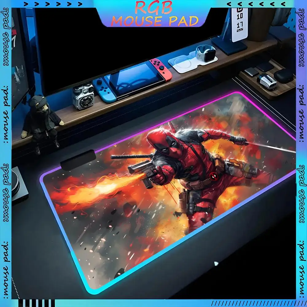 Deadpool  Mouse Pad RGB Pc Accessories LED Game Desk Mat E-sport Table Protector Neon Keyboard Mat Backlit Carpet Rug Give gifts